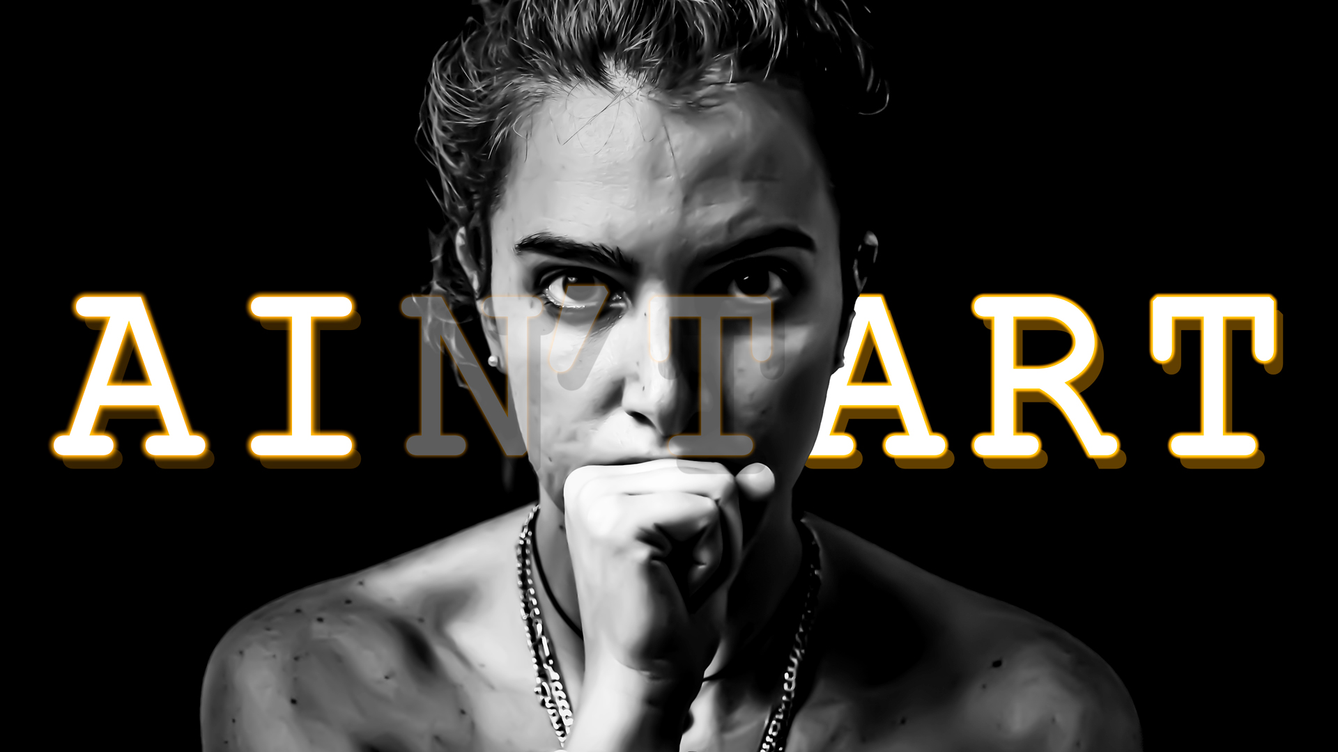 The title card from Natalie Rosella Boonzaier's essay — a portrait overlaid with the words AI and ART, the slash between them doing the arguing.